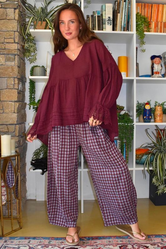 Vivienne Plaid Relaxed Barrel Pant Aubergine & Denim